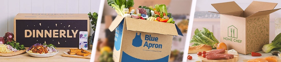 A collage of three different meal delivery service, namely, dinnerly, blue apron, and home chef