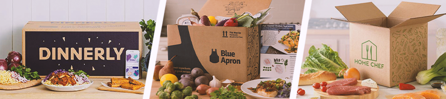A collage of three different meal delivery service, namely, dinnerly, blue apron, and home chef