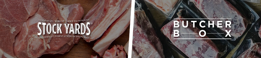 Stock Yards vs Butcherbox raw meat products comparison with logo overlay