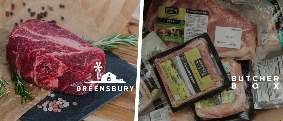 Big raw meat and Butcherbox products comparison with logo overlay