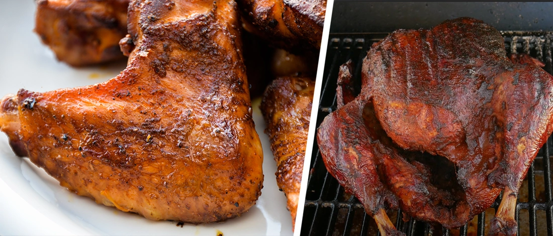 Close up image of smoked turkey and a wide view of whole turkey on smoker