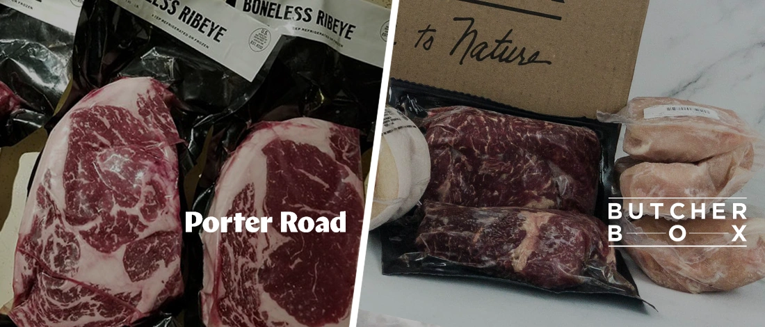 Porter Road meat packs vs Butcherbox collection with logo overlay
