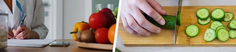 woman writing and a man slicing cucumbers