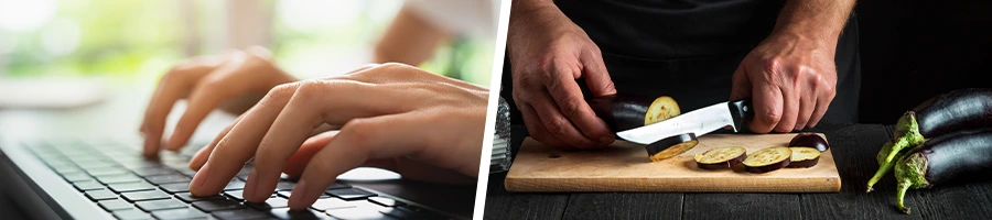 hand view of a person using laptop and another using a knife on an eggplant