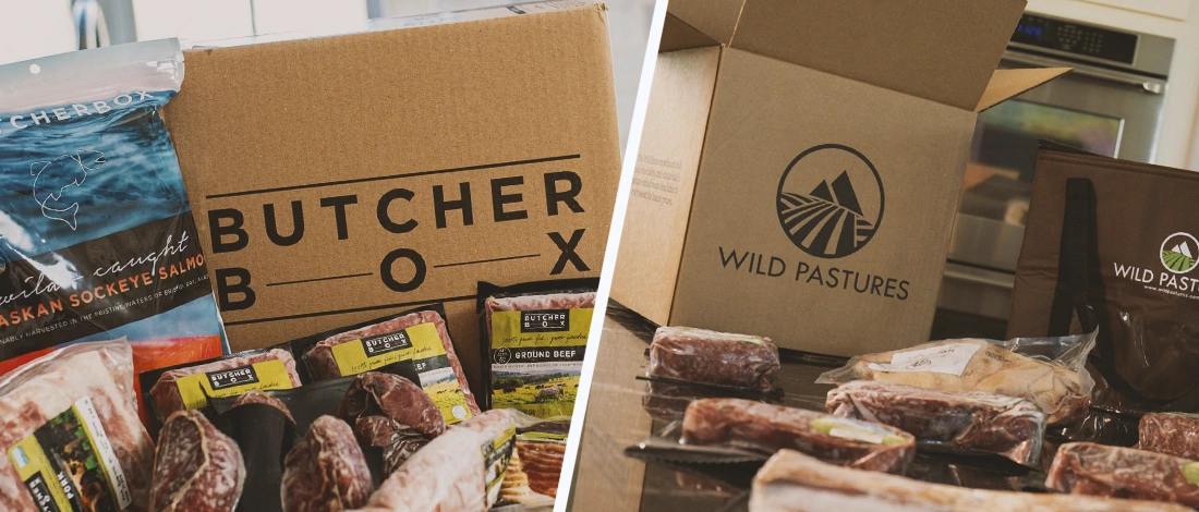 Butcherbox and Wild Pastures packages side by side