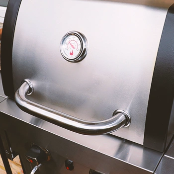 Close up shot of a closed gas grill