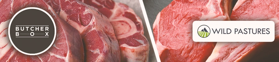Two raw meat pictures side by side with the butcher box and wild pastures logo