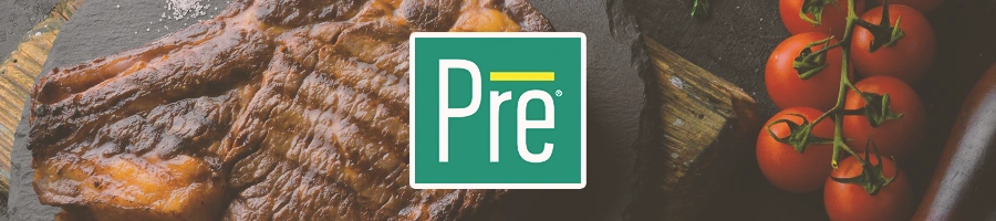Pre beef logo in front of cooked steak
