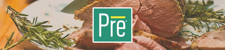 Meat with herbs in the background with the Pre beef logo