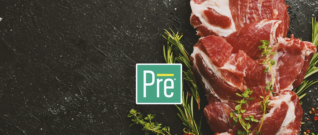 Raw meat in the background with the Pre beef logo