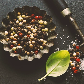 Salt and pepper and a green leaf