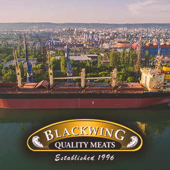 A delivery ship with the blackwing meats logo in front