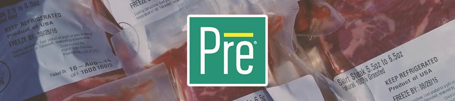 Pre beef logo with bags of raw meat in the background