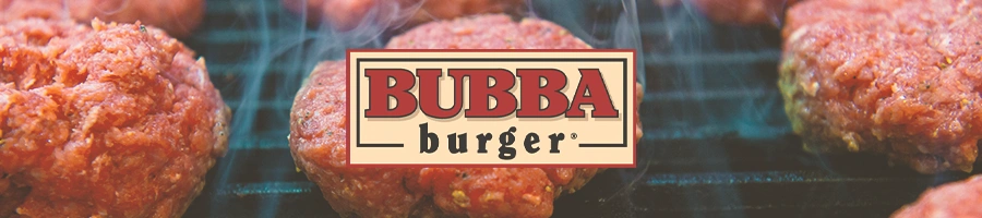 Burger patties being grilled with the bubba burger logo in front