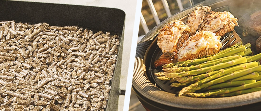 A pellet grill and a kamado grill side by side