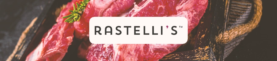 Close up shots of raw meat with the Rastelli's Logo