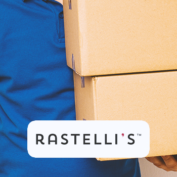 A man holding packages with the Rastelli's Logo in front
