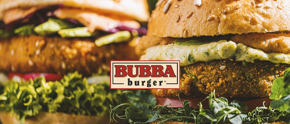 Pictures of burgers in the background with the bubba burger logo in front