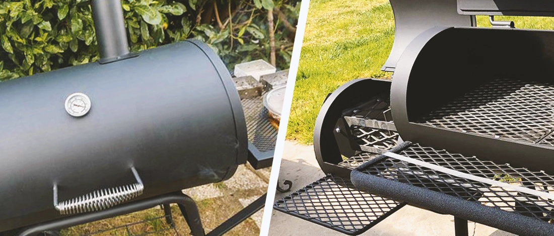 An offset smoker and a reverse flow smoker side by side