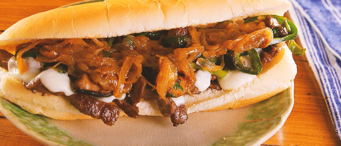Close up shot of a philly cheese steak