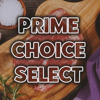 PRIME CHOICE SELECT in front of a raw steakl