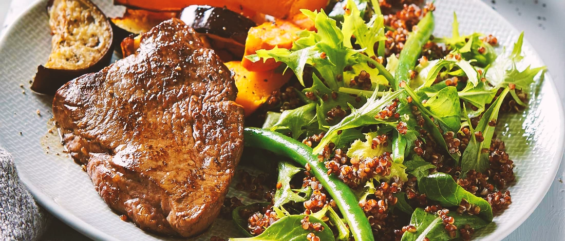 Low fodmap steak with vegetables on a plate