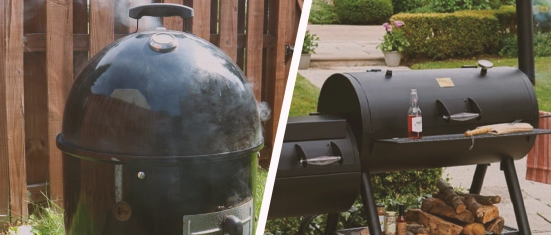 A vertical smoker and a horizontal smoker side by side