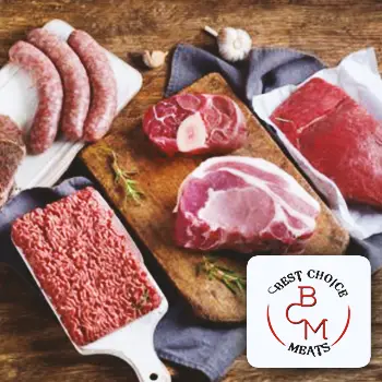 A variety of meat on a table with the Best Choice Meat logo