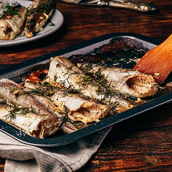 Baked fish in a baking pan