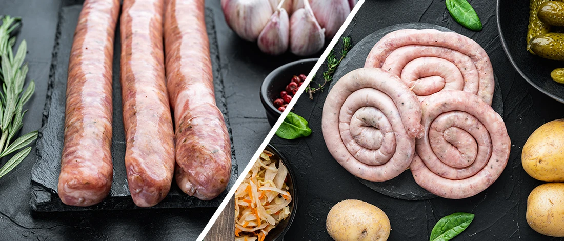 A comparison image of beef and pork sausages