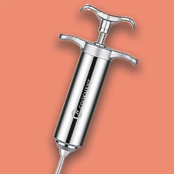 A stainless steel meat injector