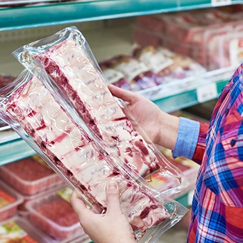 A guy checking a meat in a grocery store