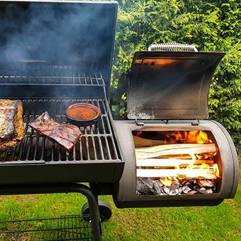 An offset smoker fueled by wood