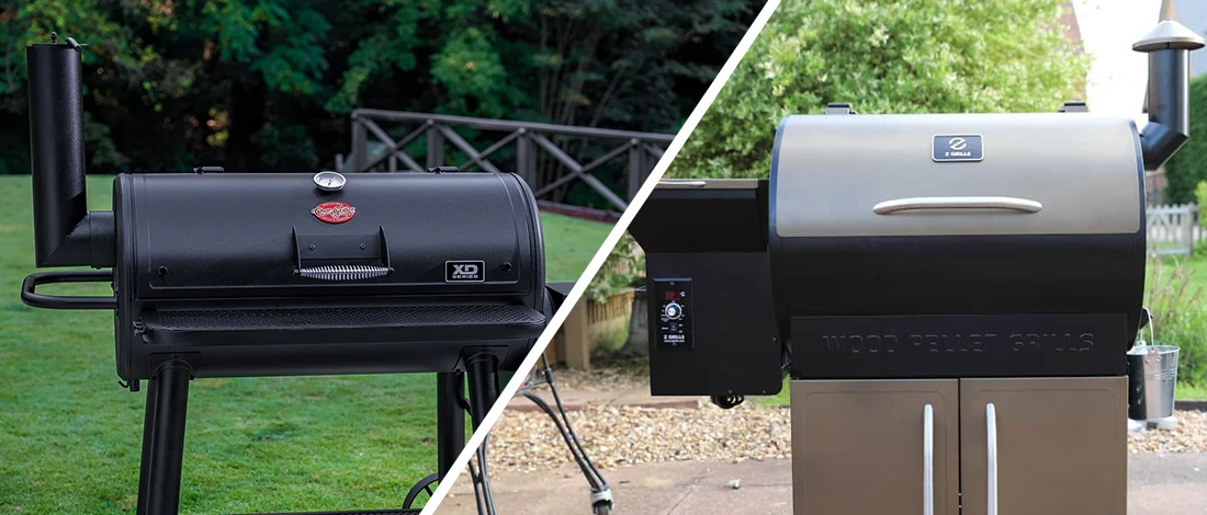 An image comparison of pellet and offset smoker