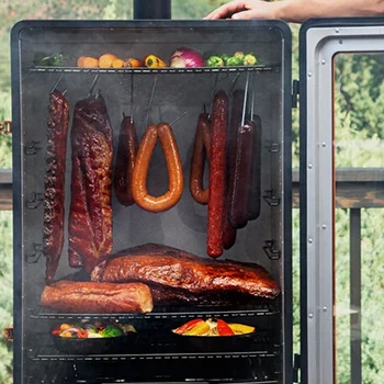 An open smoker full of meats and vegetables