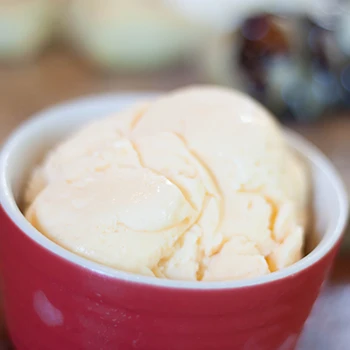 A close up image of vanilla ice cream in a red bowl