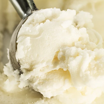 A close up image of vanilla ice cream on a ice scream scooper