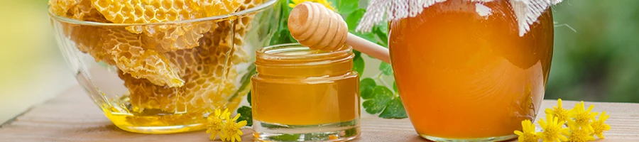 An image of a honeycomb and honey in a jar