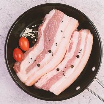 A top view image of raw pork belly on a pan