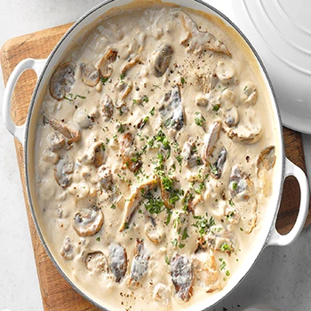 A top view image of stroganoff with ground beef dish
