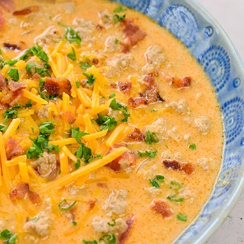 A close up image of delicious keto bacon cheeseburger soup