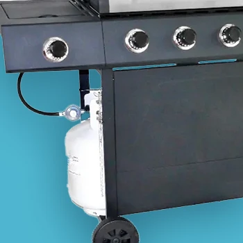 A close up image of 4-burner gas grill using a liquid propane gas