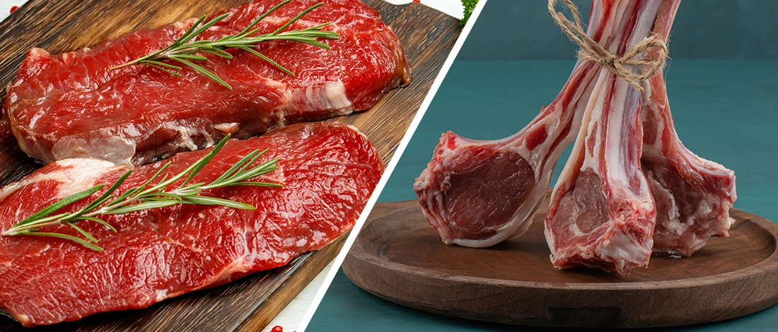 A comparison image of veal and lamb meat