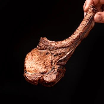 An image of hand holding a cooked bone-in prime rib meat