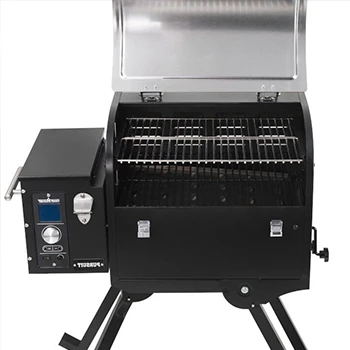 A close up image of an open budget pellet grill that is made from durable materials