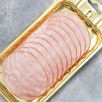 A top-view shot of sliced ham sitting out