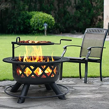 An image of a fire pit grill placed at a concrete ground