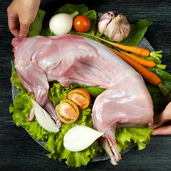 A top view of rabbit meat with different ingredients on the side