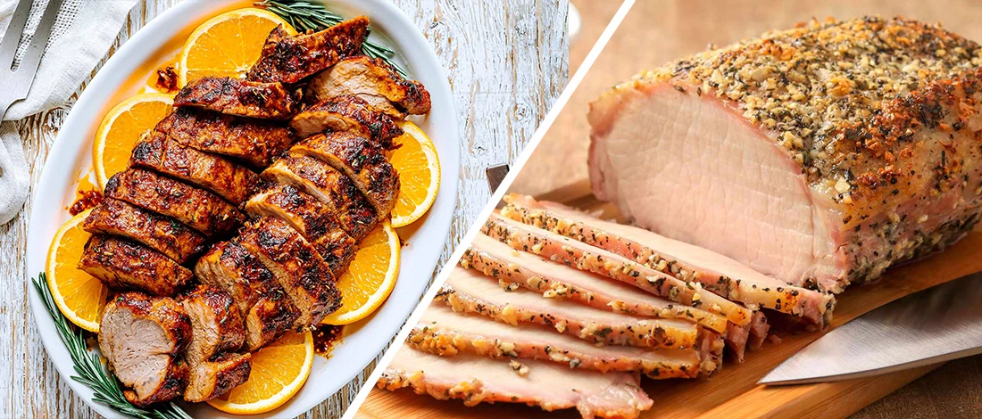 A comparison image of pork loin and pork tenderloin