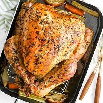 A top view of roasted turkey with vegetables on a roasting pan